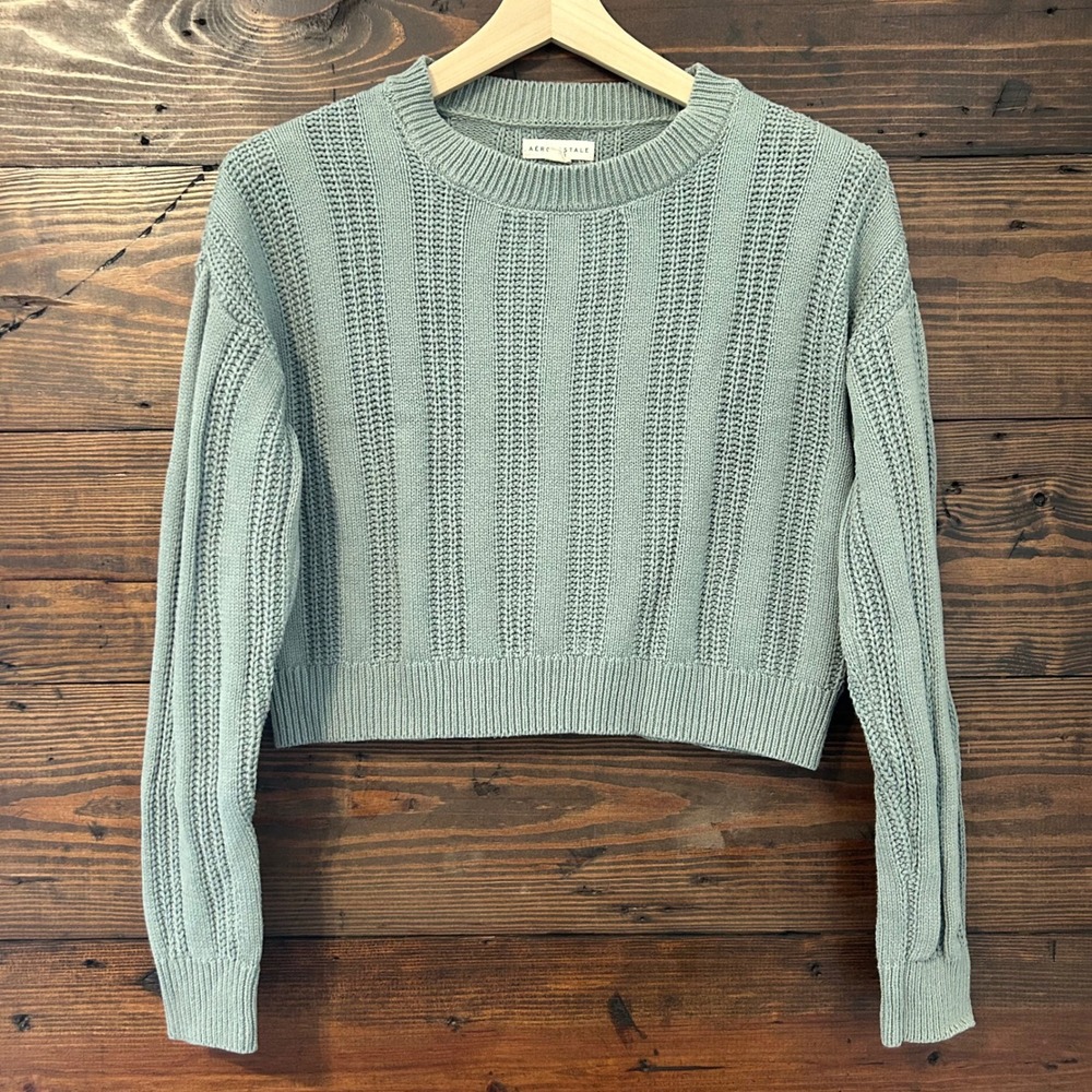 Aeropostale Chunky Cable Knit Cropped Sweater Women M Gray Cottagecore Soft Girl
